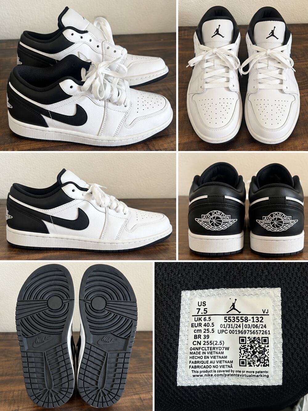Air Jordan 1 Low Men’s Size 7.5 White Black Sneakers 553558-132